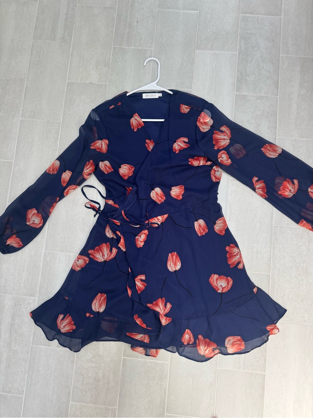 All in Favor Navy Wrap Mini Dress with Red Floral Print